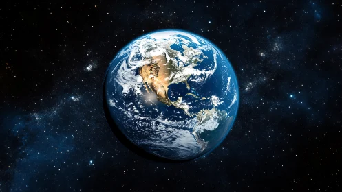 Earth glows in deep space with vivid atmospheric detail.