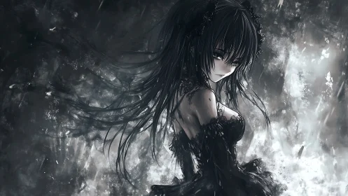 Dark-haired anime girl stands in stormy monochrome haze