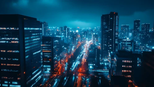 Neon-soaked night cityscape with cyan and orange glow.