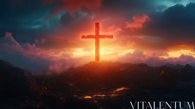 Luminous cross silhouette dominates a storm-lit celestial horizon