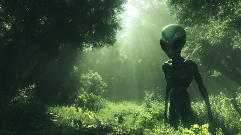 Forest sunlight quietly crowns a lone visitor from beyond