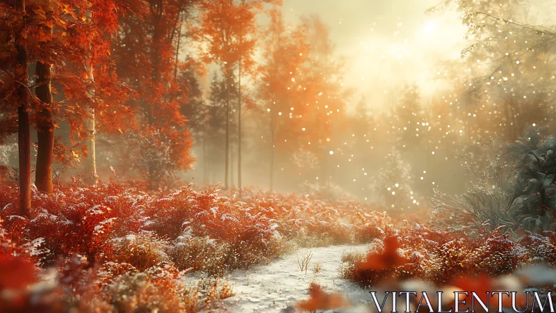 Autumnal Forest Pathway with Golden Sunlight and Particle Effects.