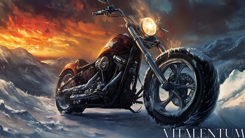 Blazing motorcycle headlight warms a frozen mountain road