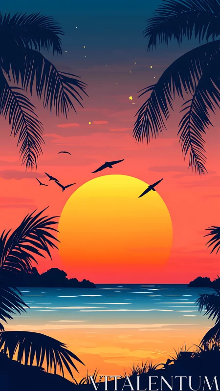 Tropical sunset seascape rendered in minimalist digital gradients