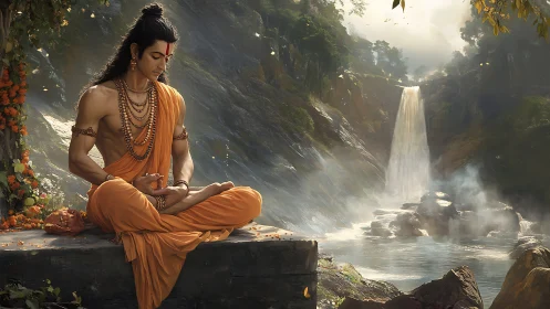 Meditating ascetic sits beside misty waterfall in forest valley