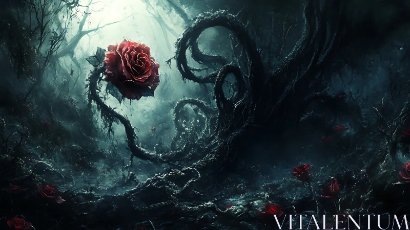 Dark enchanted forest with twisted thorns and red roses.