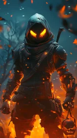 Hooded armored figure stands amid embers in a burning scene