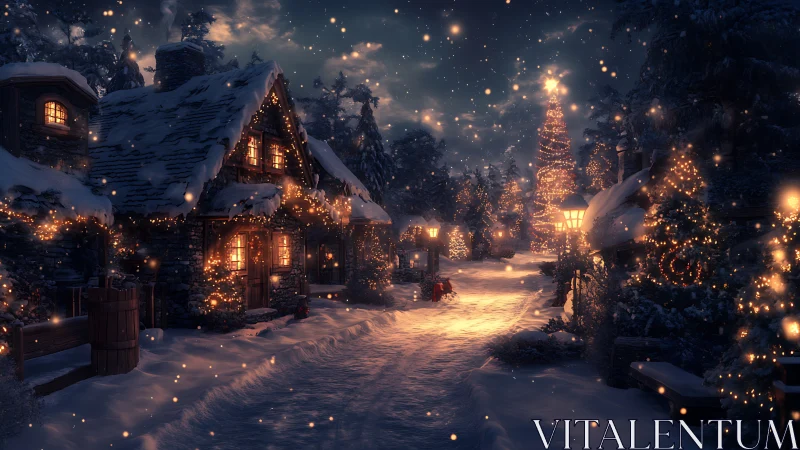 Snowy cottage lane glowing with cozy holiday lights.