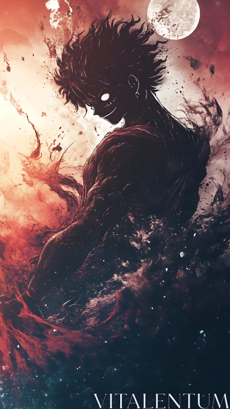 Shadowborn warrior under crimson moon in swirling void.