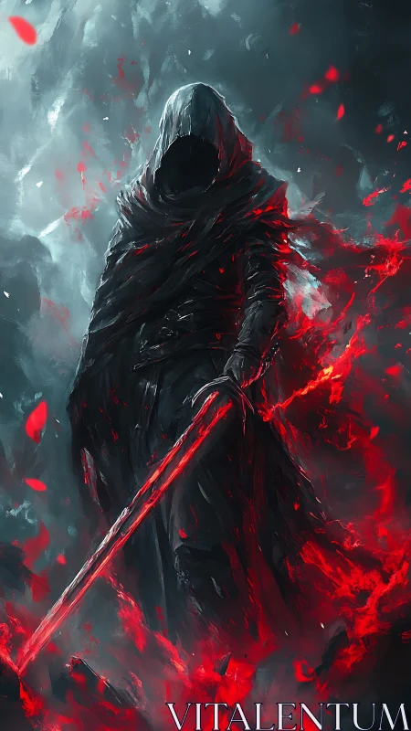 Hooded figure with red energy blade in dark environment.