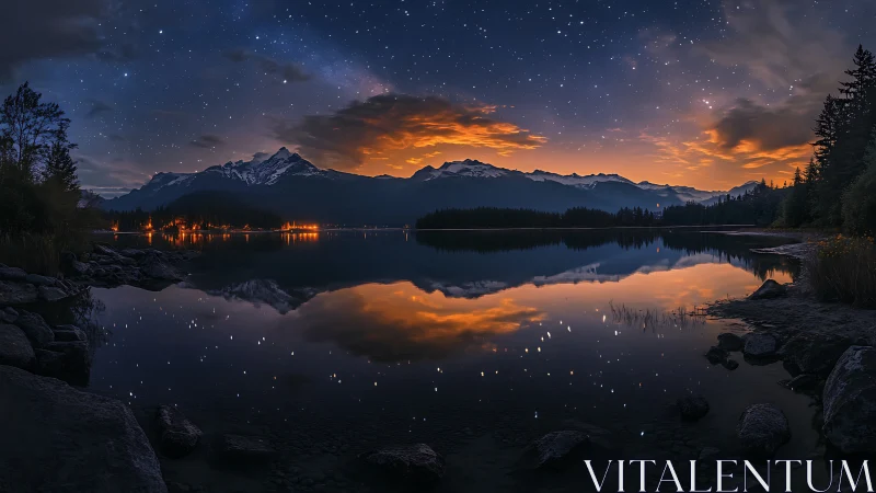 Nocturnal alpine lake reflects starfield and incendiary clouds