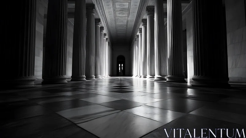 Linear perspective study of neoclassical colonnade under raking light