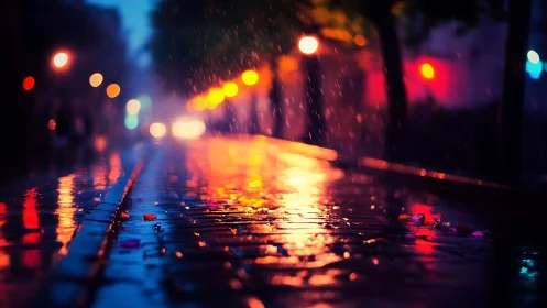 Neon reflections on wet city street in night rain.