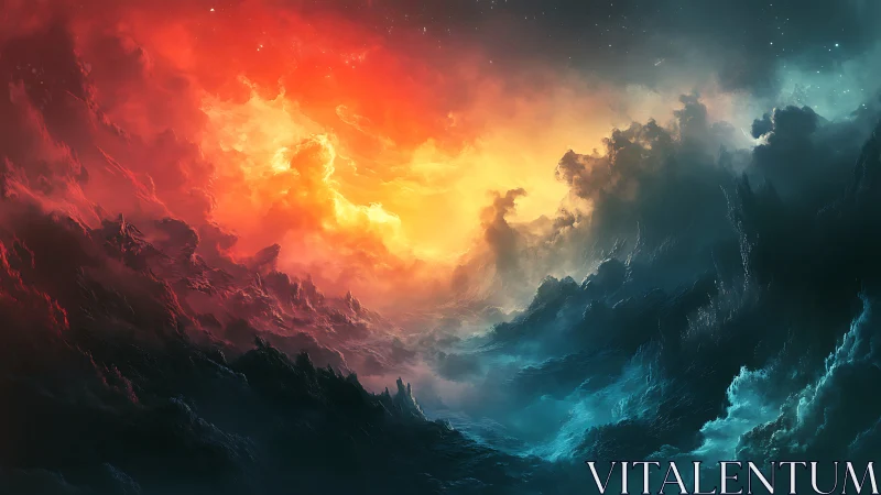 Celestial Rift Where Ember Skies Clash With Frozen Tides.