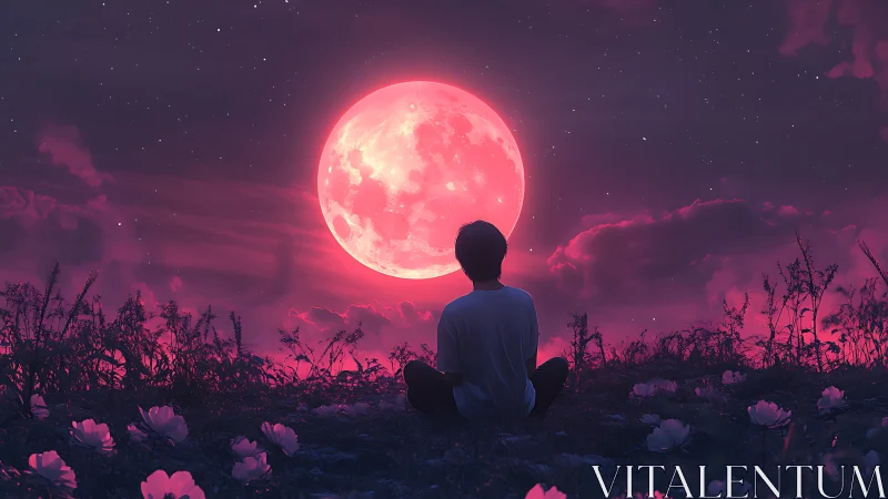 Silhouette watching a glowing pink moon over floral field.