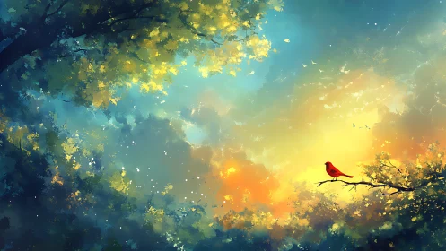 Dawnlit forest sky cradles a lone crimson songbird. Period.
