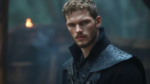 Storm-eyed rogue captain under rain-slick leather armor.