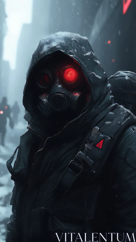 Red-eyed wanderer stalks a snow-drowned cyberpunk alleyway