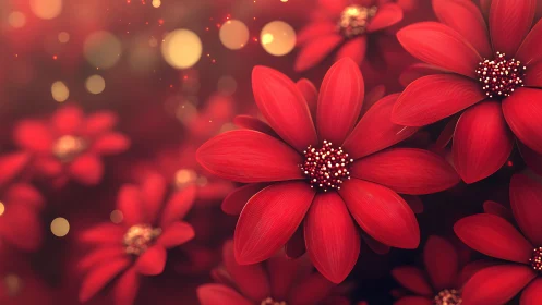 Red Digital Florals with Golden Bokeh Luminescence.