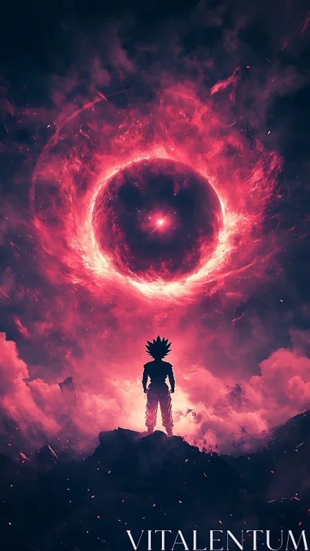 Digital painting of warrior under cosmic red energy vortex.