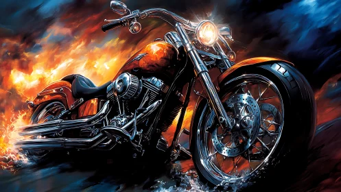 Chrome cruiser motorcycle amid stylized fire and smoke.