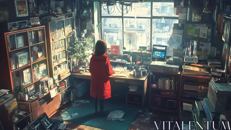 Interior view of cluttered study with figure at window.