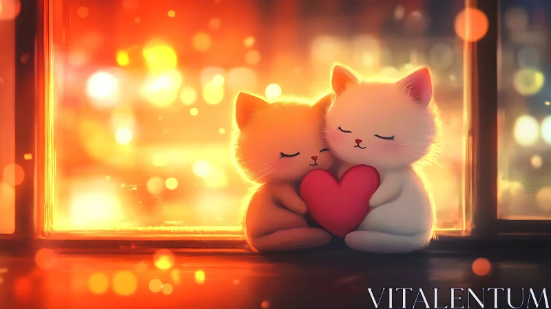 Two Kittens Share Love by Warm Neon Light.