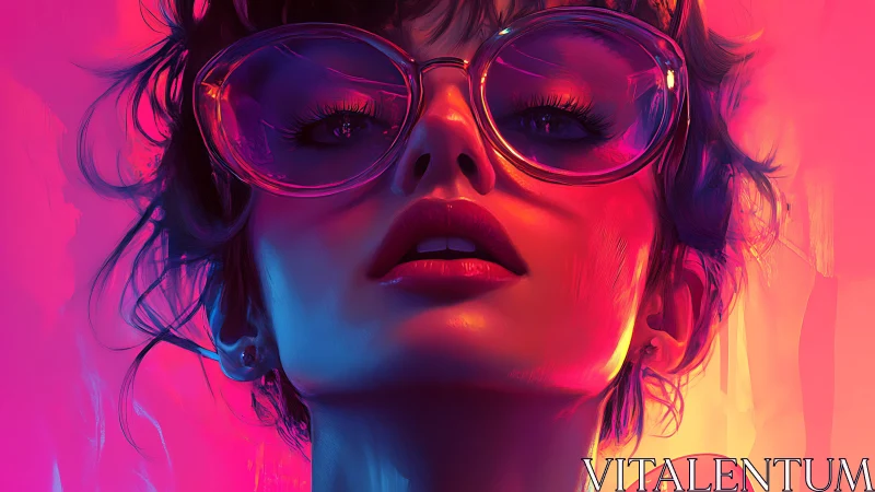Neon-drenched woman in oversized glasses exudes fierce poise