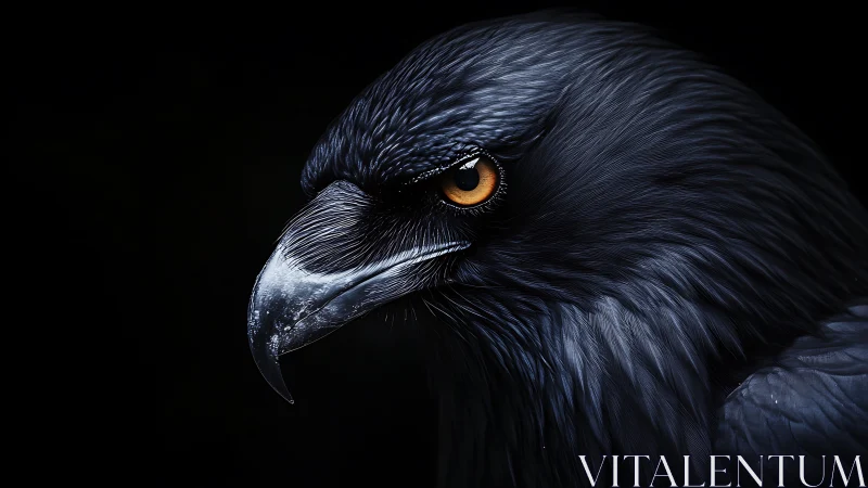Dramatic close-up portrait of a raven with striking detail.