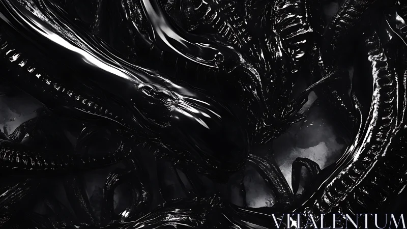 3D biomechanical xenomorph tangle in high-gloss noir render.