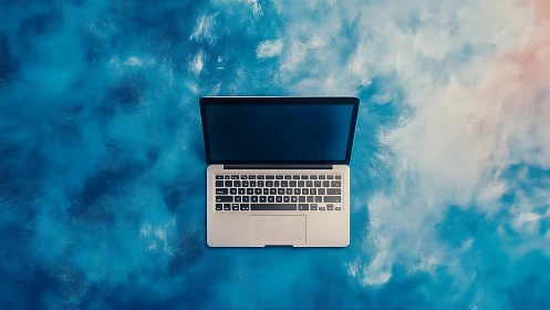 Silver laptop rests centered on textured blue abstract surface
