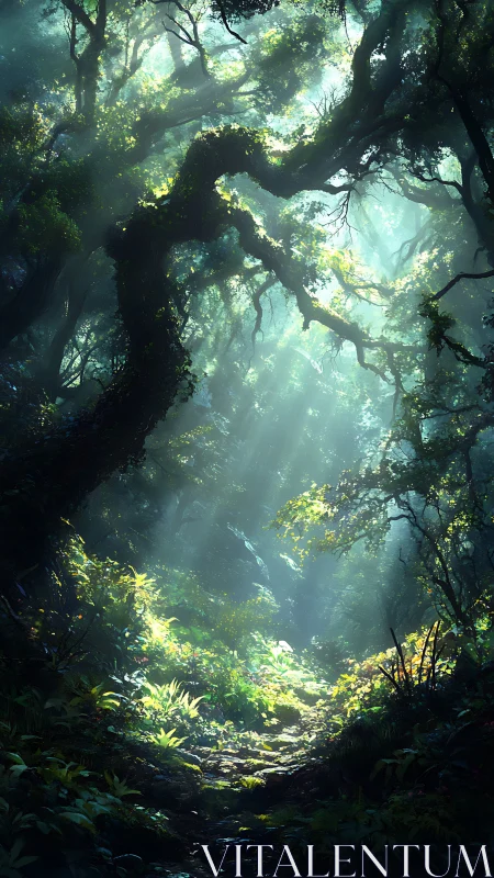 Enchanted forest pathway with divine light rays penetrating dense canopy