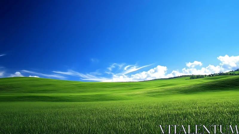 Emerald hills bask under electric-blue noon sky hush.