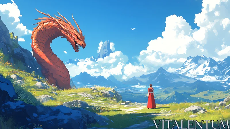 Digital painting of red dragon encounter in alpine valley panorama.