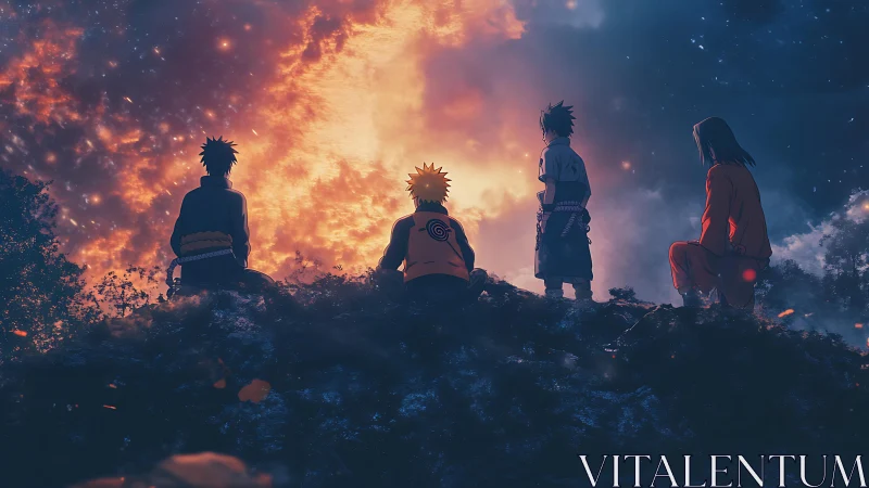 Four anime figures watch intense orange sky from ridge