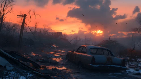 Ruined highway smolders beneath a feral nuclear sunset.