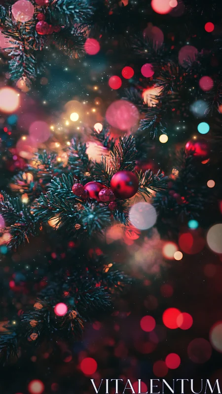 Macro bokeh study of ornamented Christmas evergreen branches