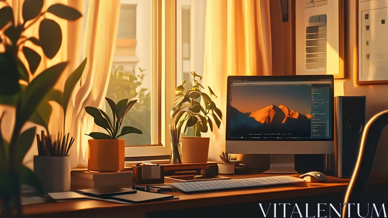 Ergonomic workstation lit by low-angle sunset through window.
