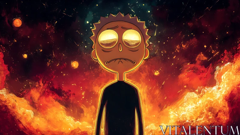 Melancholic cartoon figure stands in a burning cosmic void.
