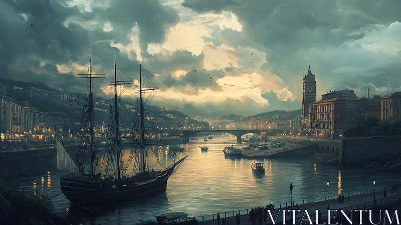 Tall-masted ship rests in misty European river harbor at dusk