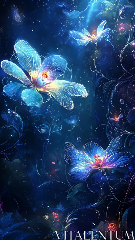Luminous bioluminescent blossoms in deep cosmic fluid field.