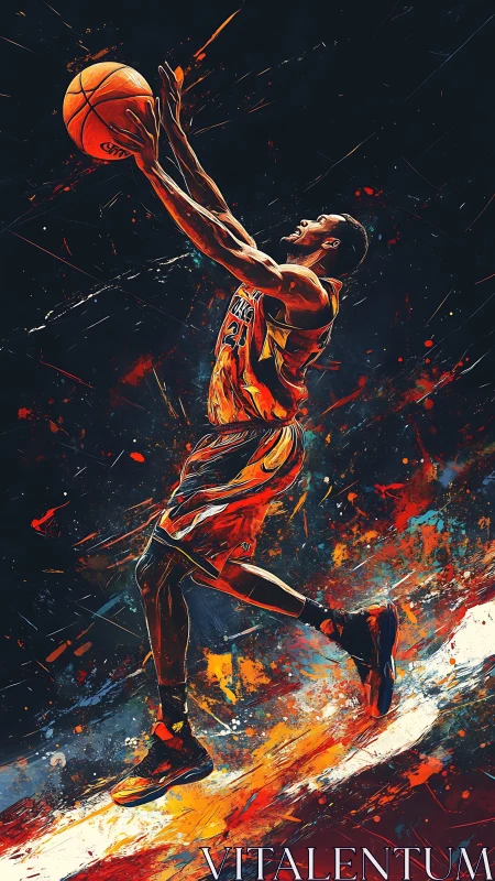 Dynamic basketball layup rendered with explosive paint-splatter motion
