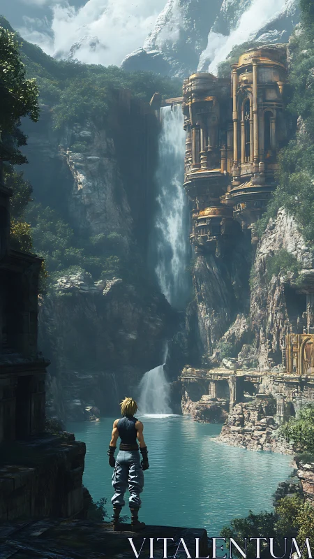 Solitary adventurer before colossal cliffside hydro-ruins