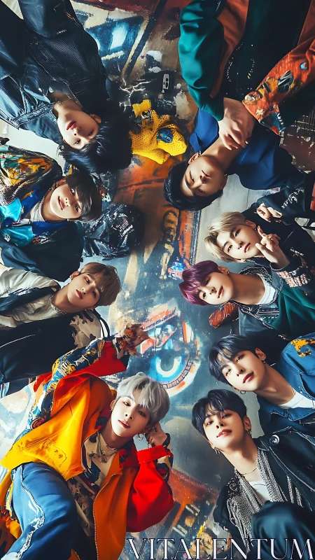 Group of people arranged in radial formation around camera