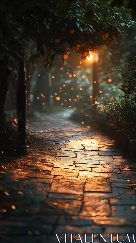 Rain-dusted garden path glowing under gentle lamplight.