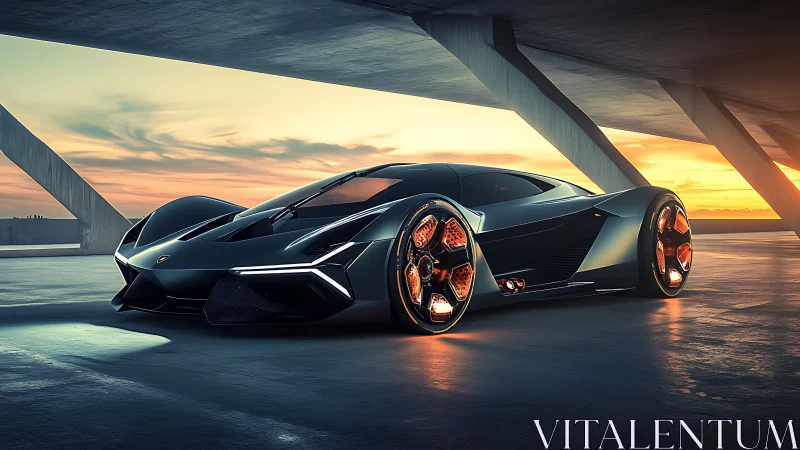 Futuristic black supercar parked under concrete structure