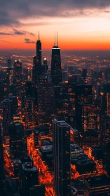 Sunset city skyline with tall towers and glowing streets.