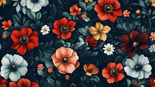 Vibrant floral arrangement blooms against deep navy background.