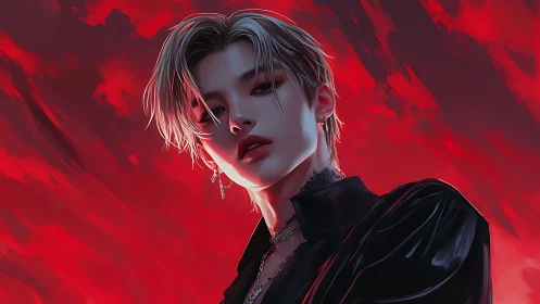 Digital portrait of androgynous figure on red abstract field.