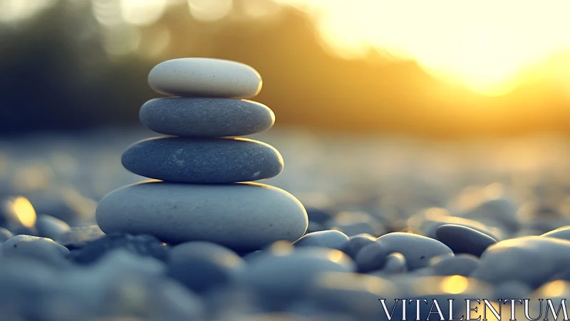 Stacked smooth pebbles on shoreline at low sunset light.